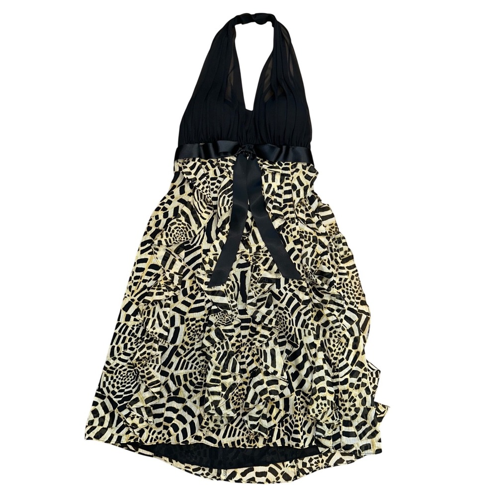 Vintage Betsy & Adam Halter leopard cheetah Dress 8 Black Ruffle formal goingout